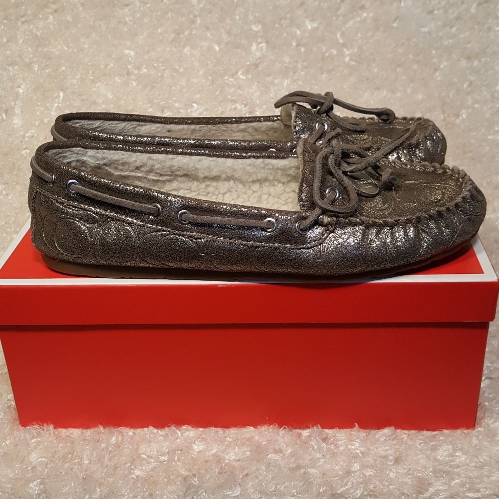 Coach Antonia Metallic Suede Shearling Moccasins